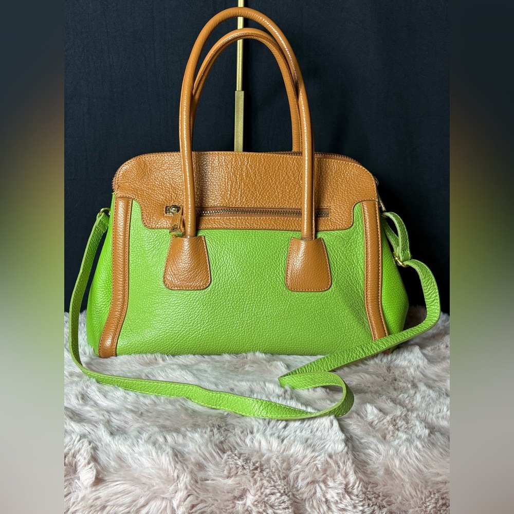 Italian Pebbled Leather Colorblock Satchel Handbag - Crossbody Lime Green & Tan